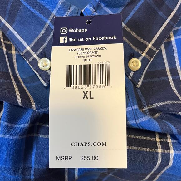 Chaps Men’s Button Down NWT Size XL Blue Plaid Cotton Easy Care - Picture 11 of 16